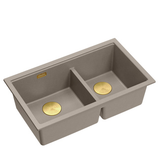 Zlewozmywak granitowy LOGAN 120 – dwukomorowy, podwieszany, soft taupe/elementy złote, Quadron