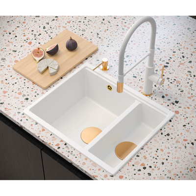 Zlewozmywak granitowy LOGAN 150 – półtorakomorowy, wpuszczany, pearl beige/elementy złote, Quadron