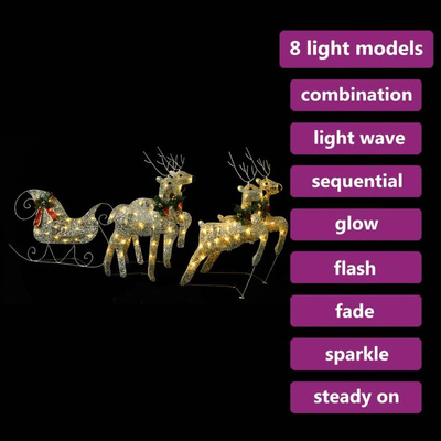 vidaXL Świąteczna dekoracja, renifery z saniami, 100 diod LED, złota