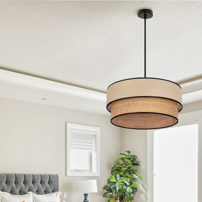 Lampa wisząca z abażurem Lorenzo kremowy z czarną oblamówką do jadalni