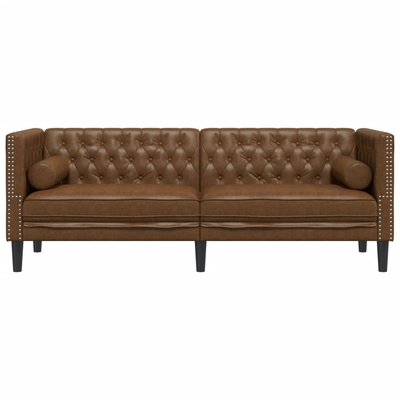 Sofa Chesterfield z wałkami, 3-os., brązowa, sztuczny zamsz