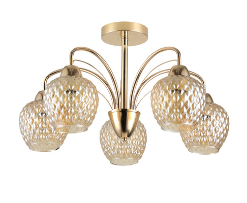 Lampa wisząca Tobias szklana 5-punktowa z bursztynowym kloszem złota