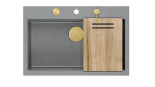 Zlewozmywak granitowy MARC 1-komorowy 76x50 cm szary/silver stone + Nano ZŁOTO PVD
