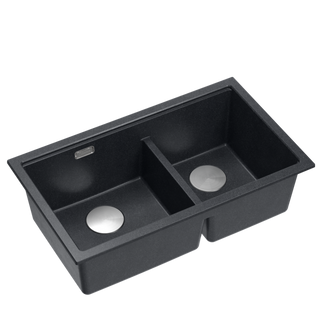 Zlewozmywak granitowy LOGAN 120 – dwukomorowy, podwieszany, black diamond/elementy stalowe, Quadron