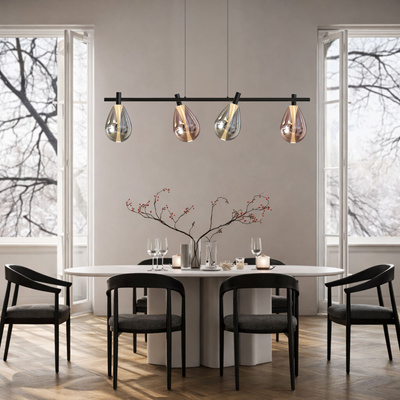 Lampa wisząca Denso szklana czarna nad stół potrójna z kloszami dymionymi i miedzianymi