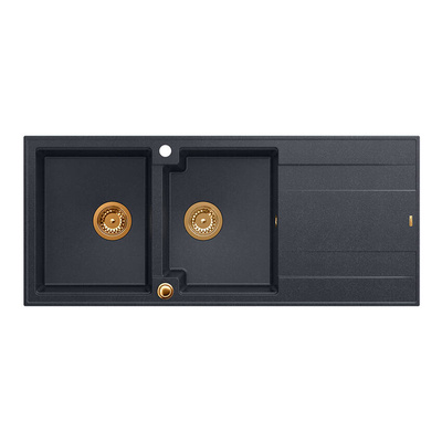 EVAN 121 GraniteQ zlewozmywak z syfonem Push To Open 2-komorowy z/o (1160x500x210; kom. 420x340) black diamond / elementy miedziane