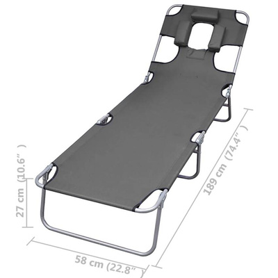 vidaXL Składany leżak z zagłówkiem i regulowanym oparciem, szary