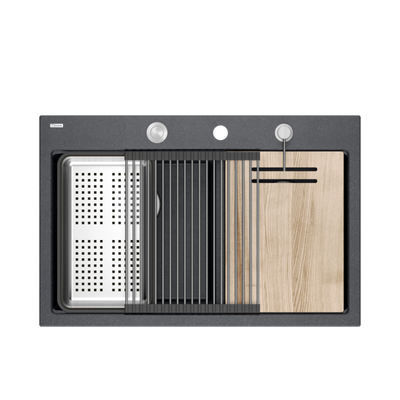 Zlewozmywak granitowy MARC 120 WORKSTATION – dwukomorowy, wpuszczany, black diamond/elementy stalowe + AKCESORIA, Quadron