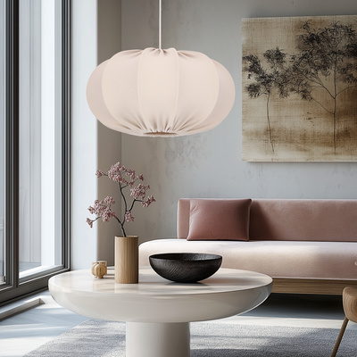 Lampa wisząca CAFEE' skandynawska z abażurem beżowym frappe 52 cm - minimalistyczne oświetlenie sufitowe w stylu japandi E27