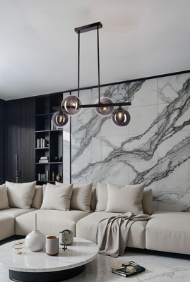 Lampa wisząca KAMA czarna w stylu dark japandi – z grafitowymi kloszami kulami – designerska lampa do salonu 4x G9 LED