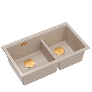 Zlewozmywak granitowy LOGAN 120 – dwukomorowy, wpuszczany, pearl beige/elementy miedziane, Quadron