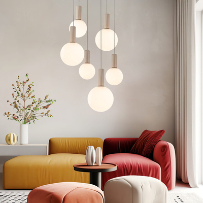 Lampa wisząca Testa beżowa białe klosze kule 6x10W G9 regulowana