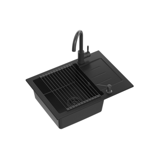 JOHNNY 116 GraniteQ zlewozmywak granitowy Pure Carbon 1-komorowy z/o (60x44x18,5) z syfonem black + bateria Kate pure carbon + dozownik + Qmata