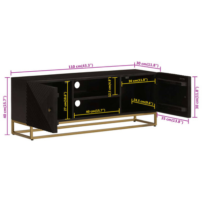 vidaXL Szafka pod TV, czarna, 110x30x40 cm, lite drewno mango i żelazo