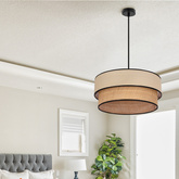 Lampa wisząca z abażurem Lorenzo kremowy z czarną oblamówką do jadalni