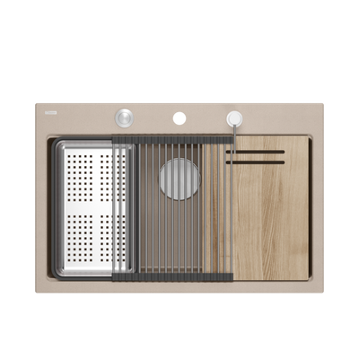 Zlewozmywak granitowy MARC 110 WORKSTATION – jednokomorowy, wpuszczany, pearl beige/elementy stalowe + AKCESORIA, Quadron