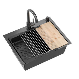Zlewozmywak stalowy LUKE 110 WORKSTATION – jednokomorowy, wpuszczany, stal black metal/elementy black metal + AKCESORIA, Quadron