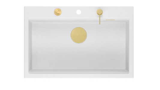 Zlewozmywak granitowy MARC 1-komorowy 76x50 cm biały/snow white + Nano ZŁOTO PVD