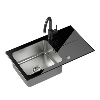 Hugh 111 komora stalowa z czarnym blatem szklanym z syfonem i zaślepką (770x440/R35) + NAOMI SteelQ stalowa bateria kuchenna czarny połysk