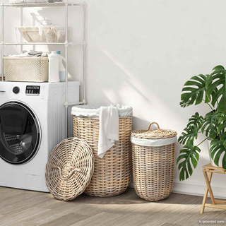 Kosz na pranie z pokrywą 2 pcs Naturalna szarość Rattan Kubu