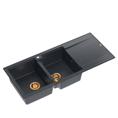 EVAN 121 GraniteQ zlewozmywak z syfonem Push To Open 2-komorowy z/o (1160x500x210; kom. 420x340) black diamond / elementy miedziane