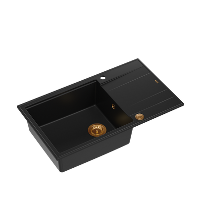 EVAN 136 XL GraniteQ zlewozmywak z syfonem Push To Open 1-komorowy z/o (860x500x210; kom. 420x490) pure carbon / elementy miedziane