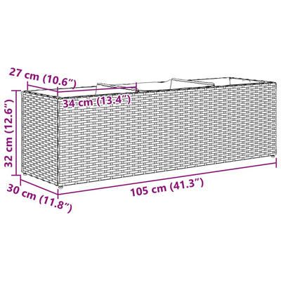 Donica ogrodowa z 3 wkładami, szara, 105x30x32 cm, rattan PE