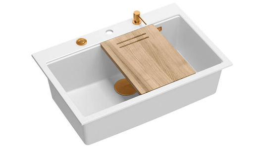 Zlewozmywak granitowy MARC 1-komorowy 76x50 cm biały/snow white + Nano MIEDŹ PVD