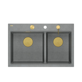 Zlewozmywak granitowy MARC 120 WORKSTATION – dwukomorowy, wpuszczany, silver stone/elementy złote + AKCESORIA, Quadron