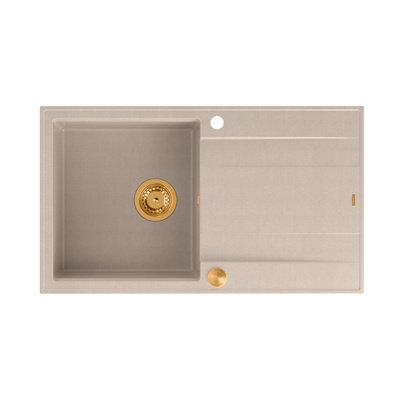 Zlewozmywak granitowy EVAN 111 – jednokomorowy, wpuszczany, pearl beige/elementy miedziane, Quadron