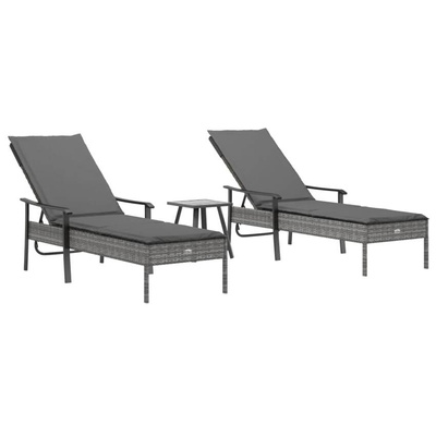 vidaXL Leżaki, 2 szt., ze stolikiem i poduszkami, szare, polirattan