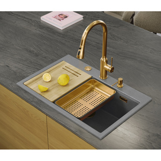 Zlewozmywak granitowy MARC 1-komorowy 76x50 cm szarobeżowy/soft taupe + Nano MIEDŹ PVD