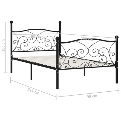 vidaXL Rama łóżka ze stelażem z listw, czarna, metalowa, 90 x 200 cm