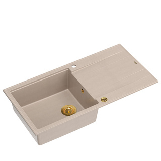 Zlewozmywak granitowy EVAN 146 XL  – jednokomorowy, wpuszczany, pearl beige/elementy złote, Quadron