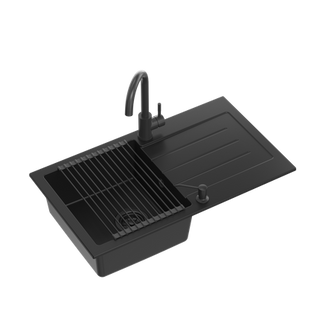 JOHNNY 111 GraniteQ zlewozmywak granitowy Pure Carbon 1-komorowy z/o (77x44x18,5), z syfonem black + bateria Kate Pure Carbon + dozownik + Qmata