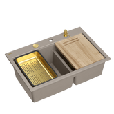 Zlewozmywak granitowy MARC 120 WORKSTATION – dwukomorowy, wpuszczany, soft taupe/elementy złote + AKCESORIA, Quadron