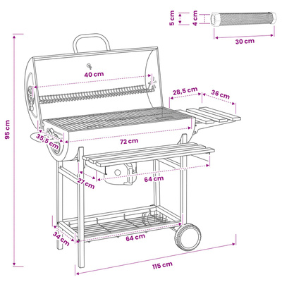 Grill beczkowy na kółkach z półkami 3 szt. 115 x 85 x 95 cm