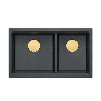 Zlewozmywak granitowy LOGAN 120 – dwukomorowy, podwieszany, black diamond/elementy złote, Quadron