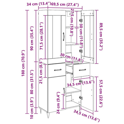 Highboard Czarny Dąb 69,5 x 34 x 180 cm Drewno inżynieryjne