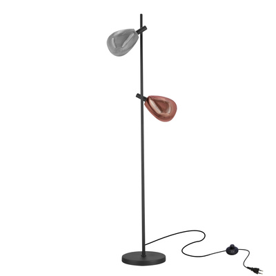 Lampa podłogowa Denso czarna dwupunktowa szklane klosze dymiony i miedziany