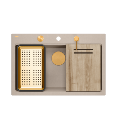 Zlewozmywak granitowy MARC 110 WORKSTATION – jednokomorowy, wpuszczany, pearl beige/elementy miedziane + AKCESORIA, Quadron