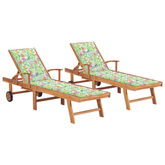vidaXL Leżaki z poduszkami we wzór w liście, 2 szt., drewno tekowe
