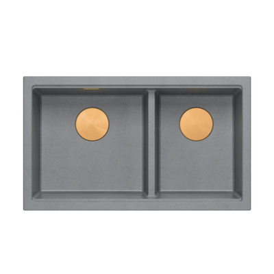 Zlewozmywak granitowy LOGAN 120 – dwukomorowy, wpuszczany, silver stone/elementy miedziane, Quadron