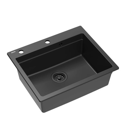 Quadron | KURT 110 | kuchenny zlewozmywak granitowy CZARNY mat | wymiary: 59,5 x 50 x 21,5 cm | akcesoria: syfon, dozownik, deska, Qmata | 1-komorowy wpuszczany | podbudowa szafki: od 60 cm