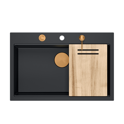 Zlewozmywak granitowy MARC 1-komorowy 76x50 cm czarny/pure carbon + Nano MIEDŹ PVD