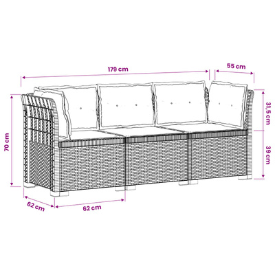 Sofa ogrodowa 3-osobowa z poduszkami w rattanowym wyglądzie PP