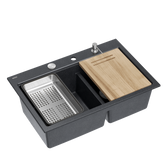 Zlewozmywak granitowy MARC 120 WORKSTATION – dwukomorowy, wpuszczany, black diamond/elementy stalowe + AKCESORIA, Quadron