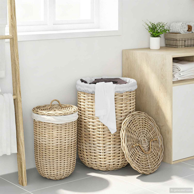 Kosz na pranie z pokrywą 2 pcs Naturalna szarość Rattan Kubu