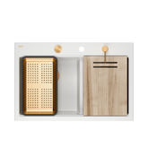 Zlewozmywak granitowy MARC 120 WORKSTATION – dwukomorowy, wpuszczany, snow white/elementy miedziane + AKCESORIA, Quadron