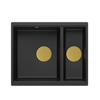 QUADRON | LOGAN 150 | granitowy zlewozmywak kuchenny CZARNY mat + ZŁOTO PVD | wymiary: 56 x 46 x 22 cm | 1,5-komorowy podwieszany | podbudowa szafki od: 60 cm